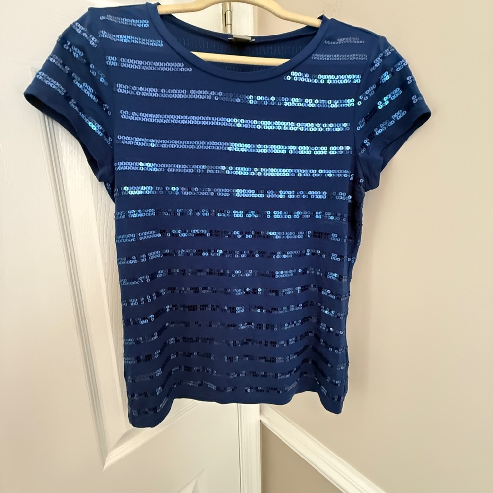 Ann Taylor Blue Sequin Fitted T-Shirt